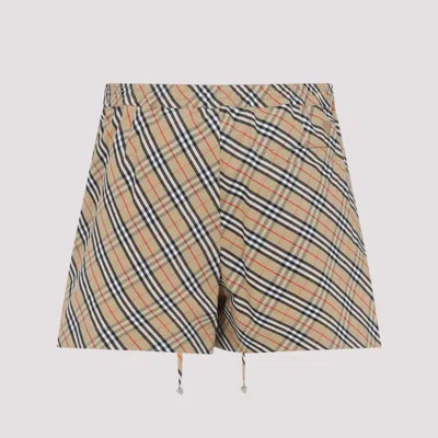 Burberry Women Beige Shorts With Elastic Drawstring Waist And All-over Check Motif In Cotton Woman In Neutral