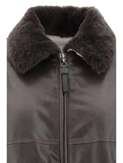 Brunello Cucinelli Shearling Collar Leather Jacket Women In Brown