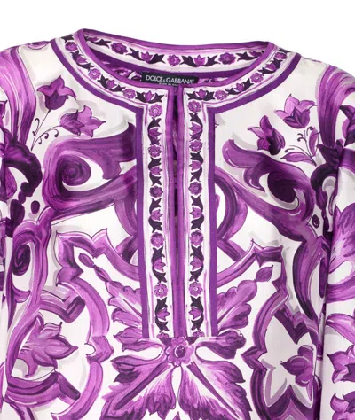 Dolce & Gabbana Majolica Silk Twill Long-sleeve Mini Shift Dress