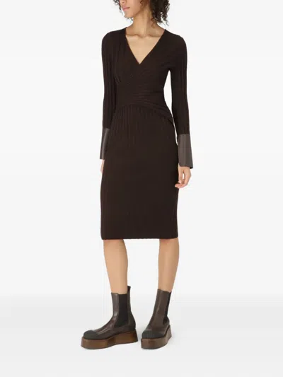 Bally Ribbed Leather-cuff Midi Dress In Brown