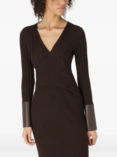 Bally Ribbed Leather-cuff Midi Dress In Brown