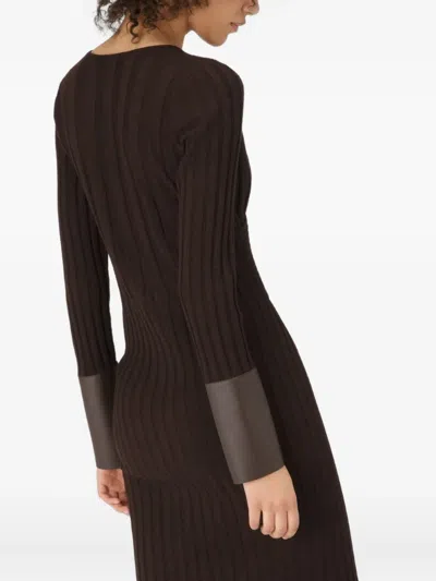 Bally Ribbed Leather-cuff Midi Dress In Brown