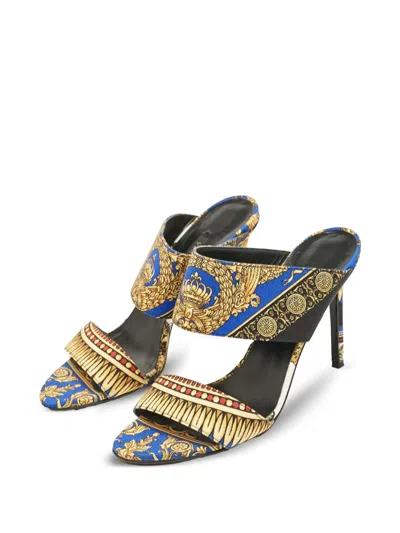 Pre-owned Versace 2024 100mm Baroque-pattern Double-straps Sandals In Blue