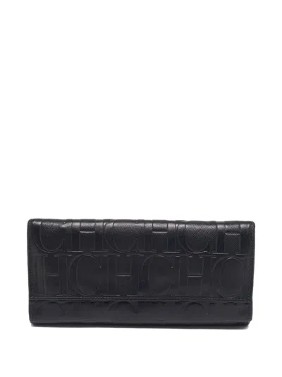 Pre-owned Carolina Herrera Vintage  Monogram-leather Wallet In Black