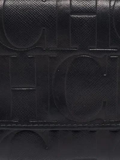 Pre-owned Carolina Herrera Vintage  Monogram-leather Wallet In Black