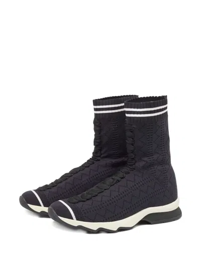 Pre-owned Fendi Lace-up Knitted Sneakers In Black