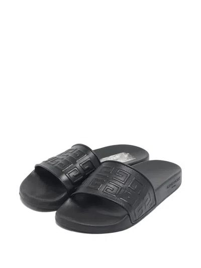 Pre-owned Givenchy Embossed Leather Slides In Black