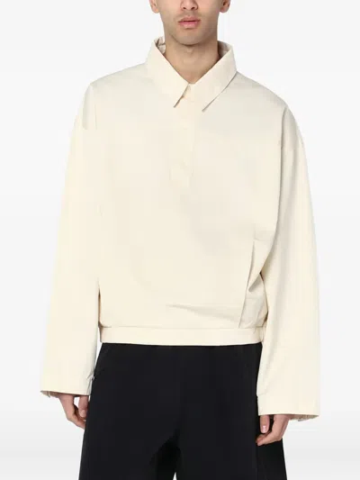 Entire Studios Collared Cotton Shirt Elasticated Hem Long Sleeves In White
