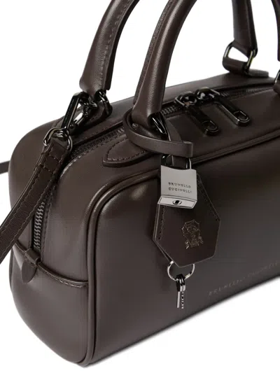 Brunello Cucinelli Brown Crossbody Bag With Removable Shoulder Strap And Padlock Pendant With Embossed Logo In Leather 