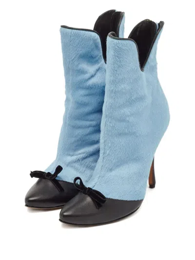 Pre-owned Manolo Blahnik 110mm Bow Ankle Boots In Blue