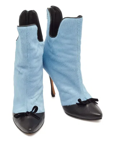 Pre-owned Manolo Blahnik 110mm Bow Ankle Boots In Blue