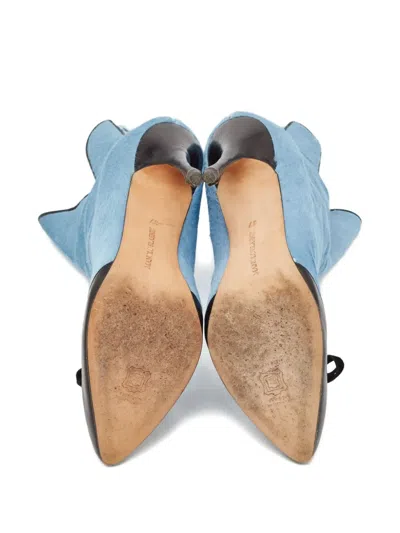 Pre-owned Manolo Blahnik 110mm Bow Ankle Boots In Blue