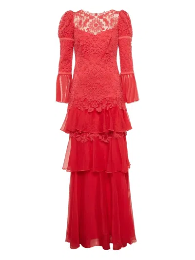 Pre-owned Tadashi Shoji Lace Tiered Maxi Dress In Red