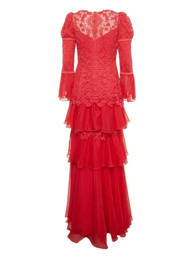 Pre-owned Tadashi Shoji Lace Tiered Maxi Dress In Red