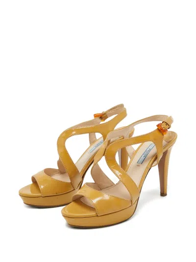 Pre-owned Prada 115mm Patent-leather Platform Sandals In Neutral