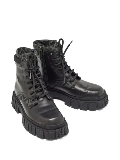 Pre-owned Fendi Monogram-pattern Combat Boots In Black
