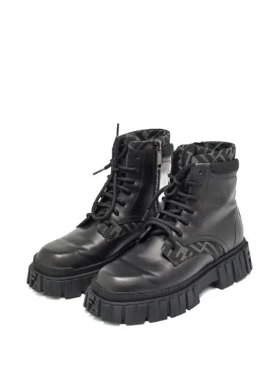 Pre-owned Fendi Monogram-pattern Combat Boots In Black