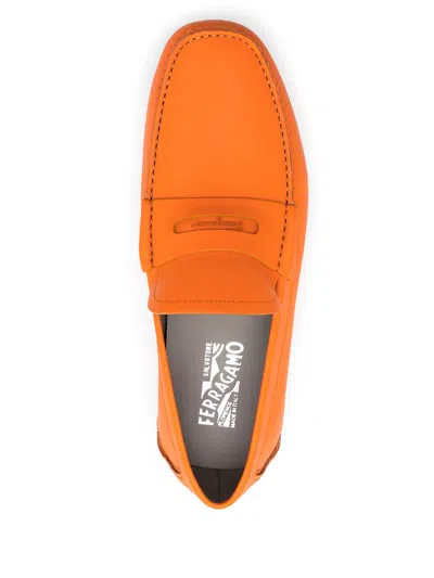 Ferragamo Penny-slot Leather Driving Loafers In Orange