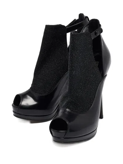 Pre-owned Fendi 135mm Peep-toe Leather Booties In Black