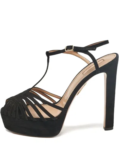 Pre-owned Aquazzura 140mm Platform T-strap Sandals In Black