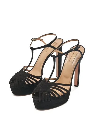Pre-owned Aquazzura 140mm Platform T-strap Sandals In Black