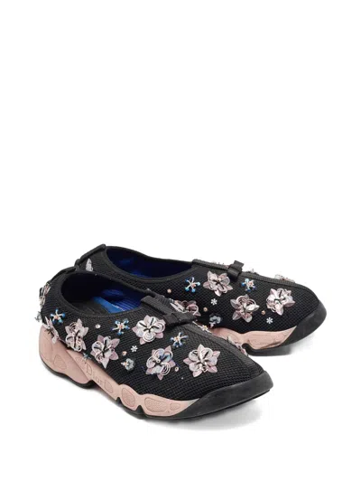 Pre-owned Dior 2014 Flower-embellished Mesh Sneakers In Black