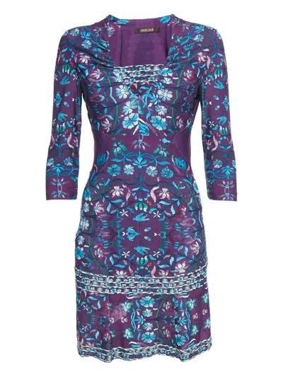 Pre-owned Roberto Cavalli Vintage  Floral-print Three-quarter Sleeve Dress In Purple