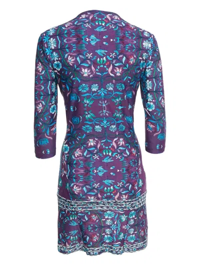 Pre-owned Roberto Cavalli Vintage  Floral-print Three-quarter Sleeve Dress In Purple