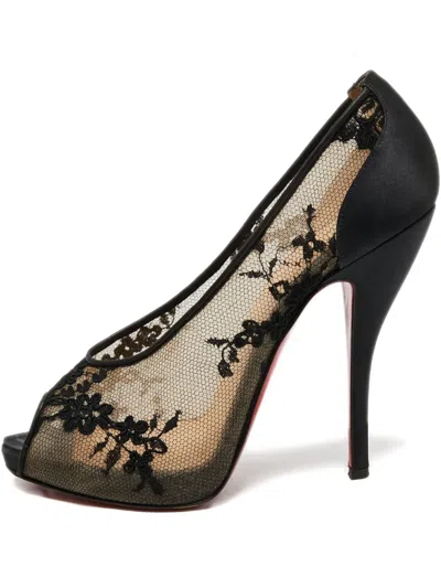 Pre-owned Christian Louboutin 125mm Fetilo Lace Peep-toe Pumps In Black