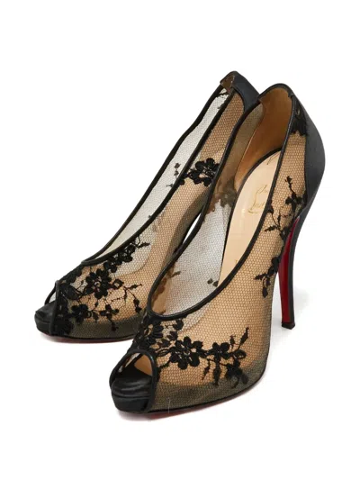 Pre-owned Christian Louboutin 125mm Fetilo Lace Peep-toe Pumps In Black