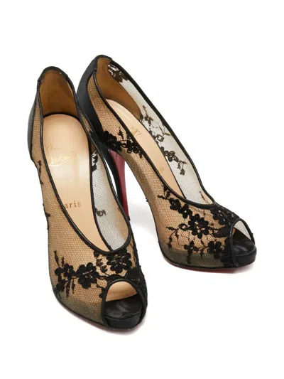 Pre-owned Christian Louboutin 125mm Fetilo Lace Peep-toe Pumps In Black
