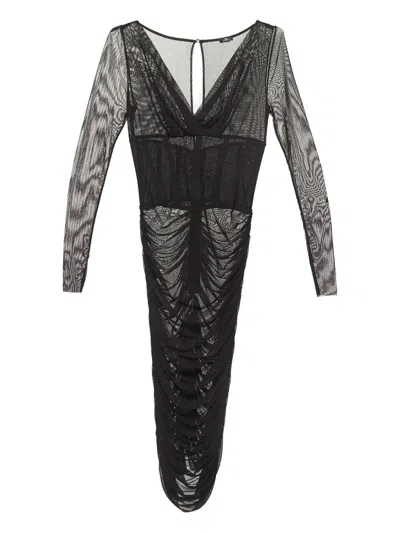 Pre-owned Elisabetta Franchi Mesh Ruched Dress In Black