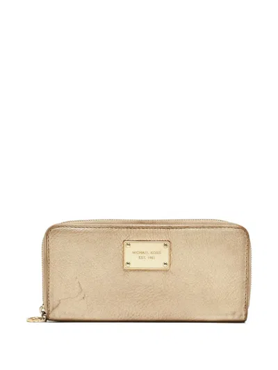 Pre-owned Michael Kors Vintage  Leather Zip-around Wallet In Gold