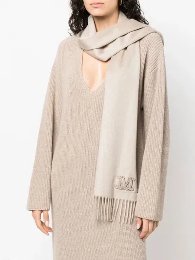 Max Mara Logo-patch Fringed Cashmere Scarf In Neutral