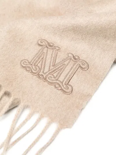 Max Mara Logo-patch Fringed Cashmere Scarf In Neutral