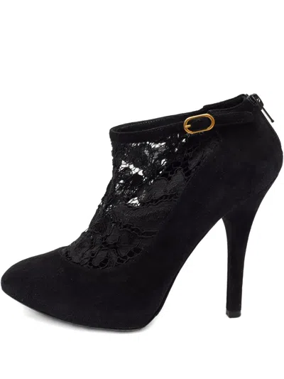 Pre-owned Dolce & Gabbana 120mm Suede Lace Boots In Black
