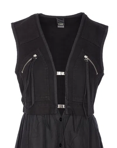 Pinko Robe Longue En Coton Avec Gilet Sans Manches Utilitaire In Black