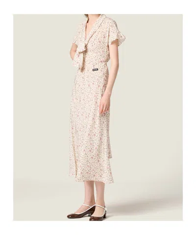 Miu Miu Silk Dress With Floral Pattern And Tie Waist In Multi