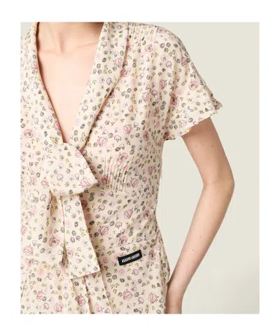 Miu Miu Silk Dress With Floral Pattern And Tie Waist In Multi