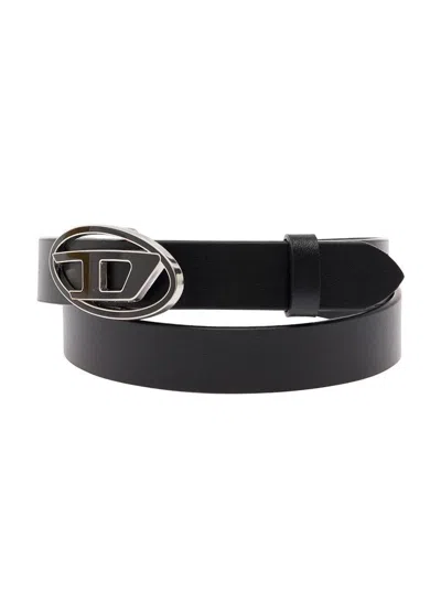 Diesel B-1dr Black Belt With Oval D Buckle In Leather Woman