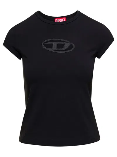 Diesel T-angie Black Crewneck T-shirt With Oval D Logo Embroidery On The Front In Cotton Stretch Woman In Black