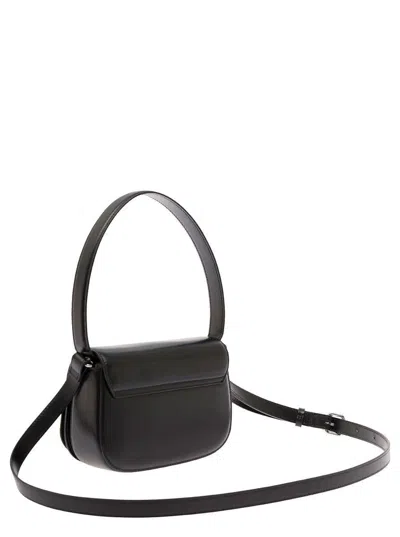 Diesel '1dr' Black Shoulder Bag With Oval D Patch In Leather Woman