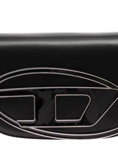 Diesel '1dr' Black Shoulder Bag With Oval D Patch In Leather Woman