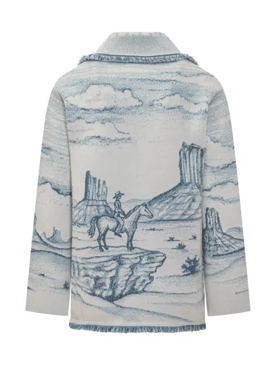 Alanui Silent Rider Landscape-intarsia Fringed Cardigan In Gray