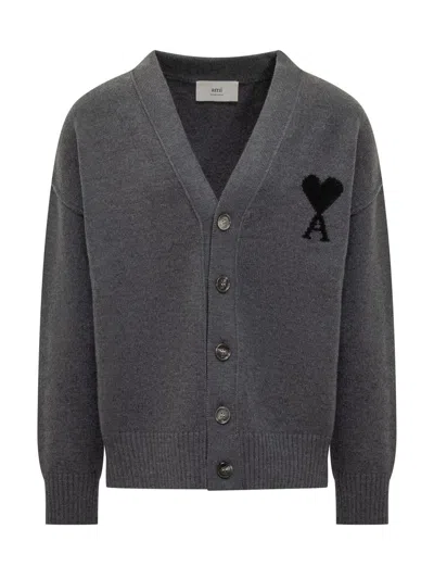 Ami Alexandre Mattiussi Ami Paris Ami De Coeur Heather Grey Wool Cardigan Men