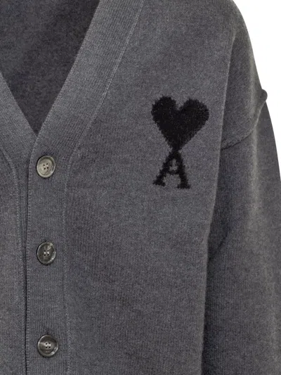 Ami Alexandre Mattiussi Ami Paris Ami De Coeur Heather Grey Wool Cardigan Men