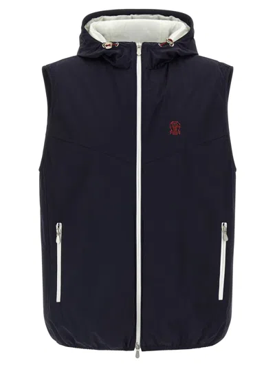 Brunello Cucinelli Water-repellent Technical Fabric Hooded Vest In Blue