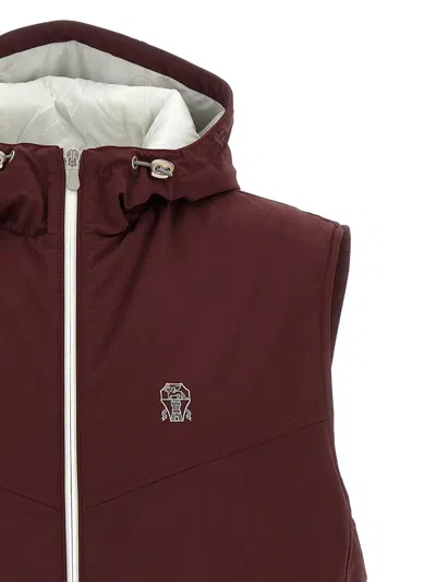 Brunello Cucinelli Hooded Vest With Elastic Hem And Side Zipper Pockets In Burgundy