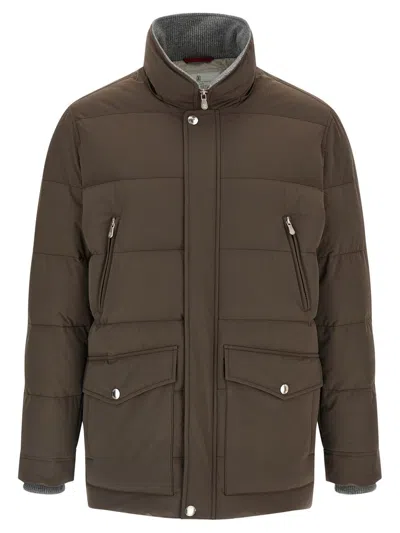 Brunello Cucinelli Knit Insert Down Jacket Puffer Jackets Brown In Brown