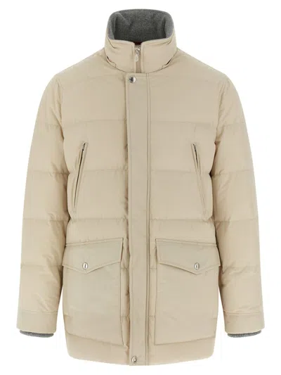 Brunello Cucinelli Knit Insert Down Jacket Puffer Jackets Beige In Neutral
